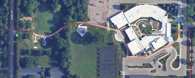 Path through Emerson Park, through Amphitheater and south of Red Cedar School