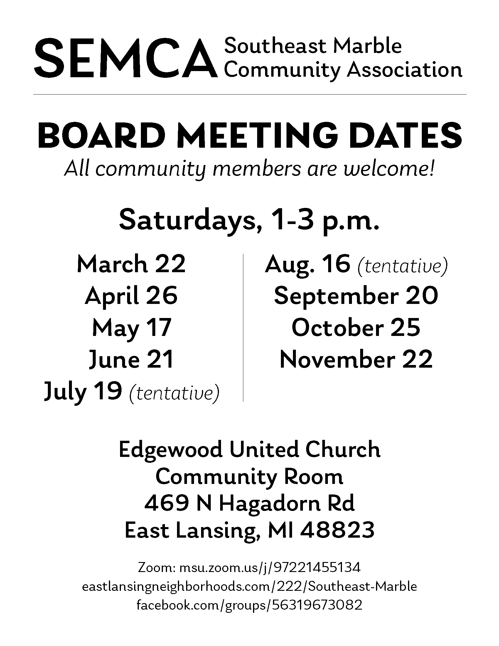 SEMCA Board meetings. All welcome! Saturdays 1-3 p.m. 3/22, 4/26, 5/17, 6/21